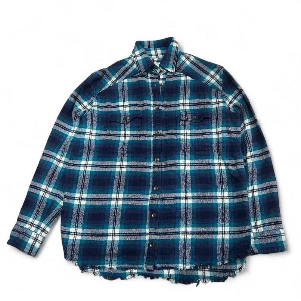 Billabong Blue Plaid Raw Hem Flannel